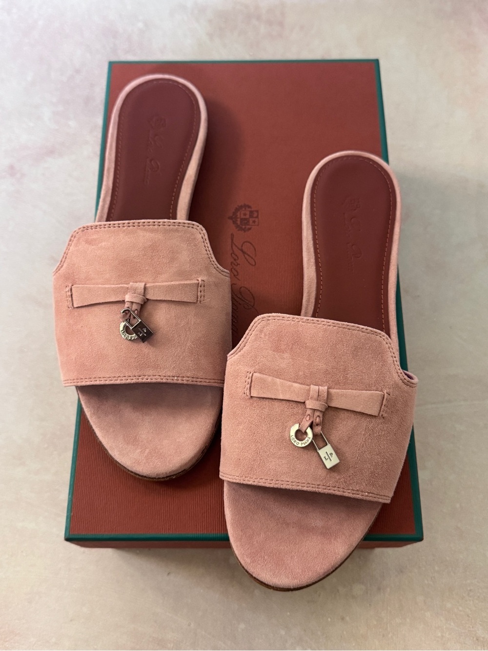 Loro Piana Summer Charms Suede Slides Sandals Flowering Cherry Pink US8 EU38